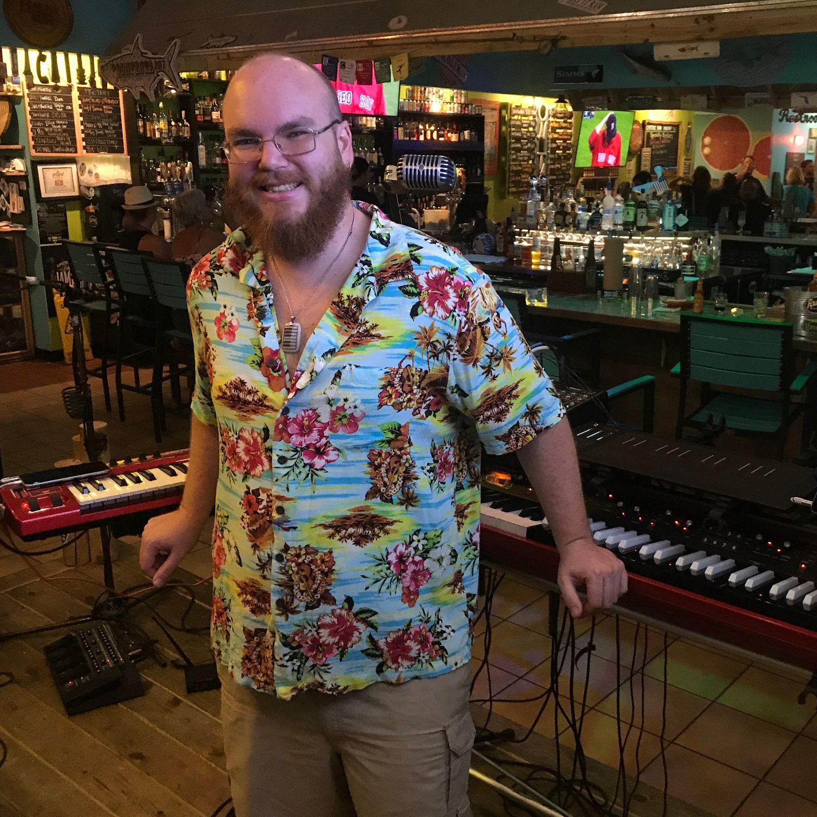Chris Flowers performing live looping with guitar and loop pedal